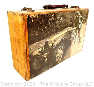 Handmade Folk Art Wood "Briefcase" with Decopage Graphics and Pyrographic Details.. (was 0392JT)