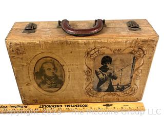 Handmade Folk Art Wood "Briefcase" with Decopage Graphics and Pyrographic Details.. (was 0392JT)