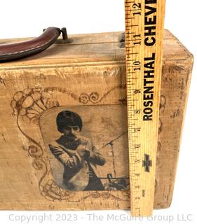 Handmade Folk Art Wood "Briefcase" with Decopage Graphics and Pyrographic Details.. (was 0392JT)