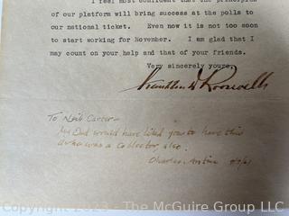 Signed Letter dated 1932 by then New York Governor Franklin D. Roosevelt thanking NY Senator for his support in upcoming Presidential win against then President H. Hoover (was 130RH)