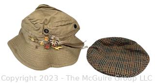 Two (2) British Hats Including Canvas M Doniger LTD Bucket Fishing Hat with WWII Pins and Tweed Newsies by Dunn & Co.