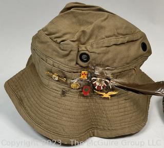 Two (2) British Hats Including Canvas M Doniger LTD Bucket Fishing Hat with WWII Pins and Tweed Newsies by Dunn & Co.