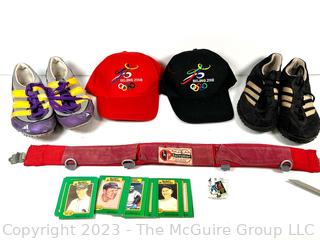 Adidas Cleat Shoes (Purple size 8, Black pair size 8 1/2), Karrimor Belt, Beijing Olympic Hats, Atlanta Olympic Pin & Baseball Legends Cards