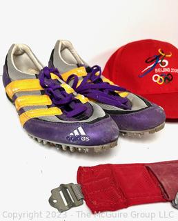 Adidas Cleat Shoes (Purple size 8, Black pair size 8 1/2), Karrimor Belt, Beijing Olympic Hats, Atlanta Olympic Pin & Baseball Legends Cards