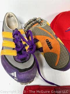 Adidas Cleat Shoes (Purple size 8, Black pair size 8 1/2), Karrimor Belt, Beijing Olympic Hats, Atlanta Olympic Pin & Baseball Legends Cards