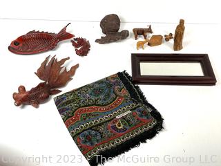 Eclectic grouping including MANTERO scarf/shawl, primitive wooden creche set, carved wooden fish, wood frame and cherub head (was 0408CM)