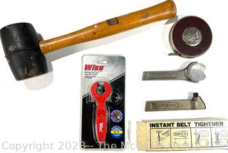 Tools Including Rubber Mallet, Pipe Cutter, Craftsman Belt Tightener & Lakeside Steel Ruler (50')