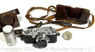 Leica DRP Ernst Leitz Wetzlar Germany No. 258280 Camera F=5CM 1:3,5 + ARGUS Tele-Sandmar Lens, Leather Case. Untested (was 94JT)