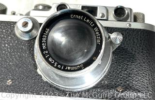 Leica DRP Ernst Leitz Wetzlar Germany No. 258280 Camera F=5CM 1:3,5 + ARGUS Tele-Sandmar Lens, Leather Case. Untested (was 94JT)