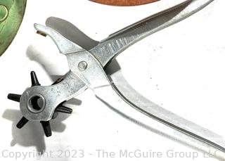 Group of Kitchen Tools Including Leather Punch Pliers, Right-Angle Square, Pewter Tankard and Handy-Andy Juice extractor.