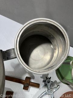 Group of Kitchen Tools Including Leather Punch Pliers, Right-Angle Square, Pewter Tankard and Handy-Andy Juice extractor.