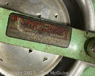 Group of Kitchen Tools Including Leather Punch Pliers, Right-Angle Square, Pewter Tankard and Handy-Andy Juice extractor.