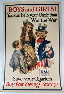 Original WWI War Bond Poster by James Montgomery Flagg (1877-1960) 'Boys and Girls! You can help your Uncle Sam Win the War - Save your Quarters Buy War Savings Stamps', War Saving Stamps, American Lithographic Co NY 1917. Measures 20" x 30"