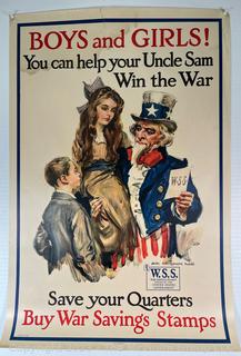 Original WWI War Bond Poster by James Montgomery Flagg (1877-1960) 'Boys and Girls! You can help your Uncle Sam Win the War - Save your Quarters Buy War Savings Stamps', War Saving Stamps, American Lithographic Co NY 1917. Measures 20" x 30"