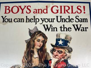 Original WWI War Bond Poster by James Montgomery Flagg (1877-1960) 'Boys and Girls! You can help your Uncle Sam Win the War - Save your Quarters Buy War Savings Stamps', War Saving Stamps, American Lithographic Co NY 1917. Measures 20" x 30"