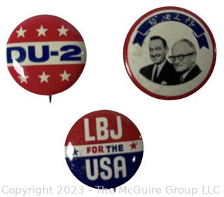 Three (3) Political Campaign Buttons 1964 Goldwater & Miller & LBJ