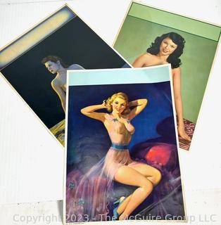 Three (3) Vintage Nude Pin Up Calendar Pages. 12" x 16".