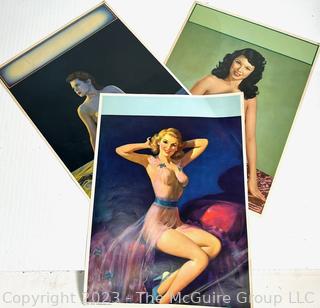 Three (3) Vintage Nude Pin Up Calendar Pages. 12" x 16".