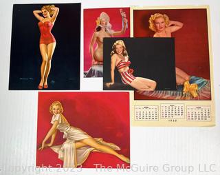 Five (5) Vintage Pin Up Calendar Pages. Various sizes.