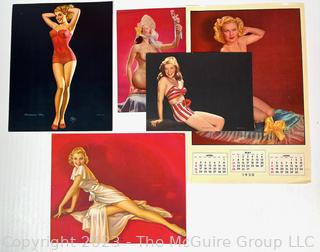 Five (5) Vintage Pin Up Calendar Pages. Various sizes.