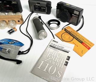 Nikon, Vivitar and Konica  35mm Film Cameras with Light Meter, Flash Attachments and Bulbs (was 0364JT)