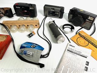 Nikon, Vivitar and Konica  35mm Film Cameras with Light Meter, Flash Attachments and Bulbs (was 0364JT)