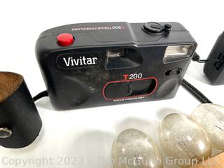 Nikon, Vivitar and Konica  35mm Film Cameras with Light Meter, Flash Attachments and Bulbs (was 0364JT)