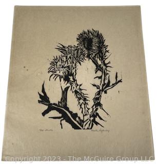 Unframed Wood Block Print on Fiber Paper of Thistle Signed and Numbered by Artist Kristen Aufdenley. 15" x 18". 