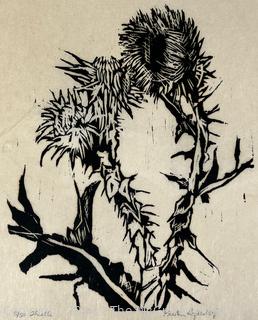 Unframed Wood Block Print on Fiber Paper of Thistle Signed and Numbered by Artist Kristen Aufdenley. 15" x 18". 