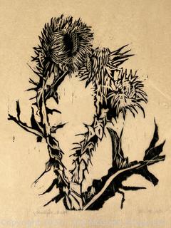 Unframed Wood Block Print on Fiber Paper of Thistle Signed and Numbered by Artist Kristen Aufdenley. 15" x 18". 