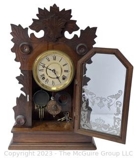 Eastlake Carved Walnut Chiming Parlor Mantel Clock with Pendulum and Keys, Circa 1890.  22" tall (was 0203XBB)