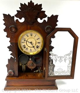 Eastlake Carved Walnut Chiming Parlor Mantel Clock with Pendulum and Keys, Circa 1890.  22" tall (was 0203XBB)