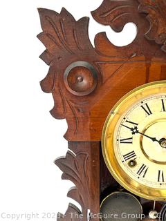 Eastlake Carved Walnut Chiming Parlor Mantel Clock with Pendulum and Keys, Circa 1890.  22" tall (was 0203XBB)