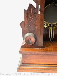 Eastlake Carved Walnut Chiming Parlor Mantel Clock with Pendulum and Keys, Circa 1890.  22" tall (was 0203XBB)