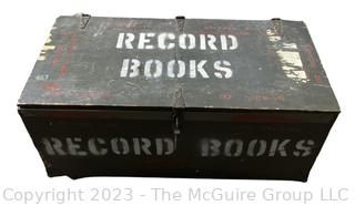 Vintage Green Painted Wooden Storage Locker Stenciled "RECORD BOOKS" on Casters.   16 x 32" 