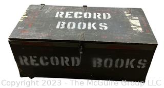 Vintage Green Painted Wooden Storage Locker Stenciled "RECORD BOOKS" on Casters.   16 x 32" 