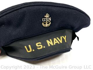 Three (3) Military Hats Including US Army Officer's Dress Blues Uniform Visor Cap, US Navy and British Alkit Cap