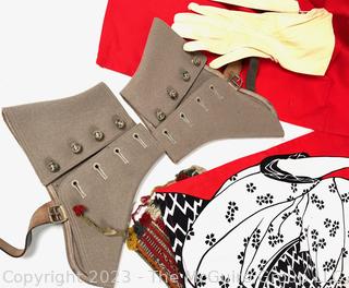 Spats, Gloves, Military Belt, Japanese Textile Wallet and Purse. 
