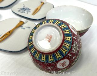 Set of Four (4) Blue White Fan Shaped Porcelain Sushi Plates by Lillian Vernon and Asian Painted Bowls