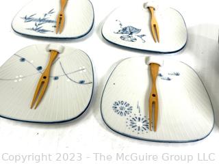 Set of Four (4) Blue White Fan Shaped Porcelain Sushi Plates by Lillian Vernon and Asian Painted Bowls