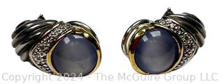 David Yurman Blue Chalcedony with Diamond Surround Set in Sterling Silver & 18kt Gold Detail Pierced Earrings