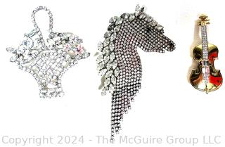 Three (3) Vintage Rhinestone Brooches Including Swarovski Violin.  