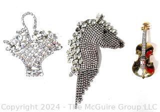 Three (3) Vintage Rhinestone Brooches Including Swarovski Violin.  