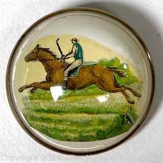 1930's Rosette Horse & Jockey Domed Glass Pin Brooch