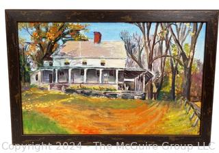 Oil on Board of House Signed by Artist, Signature Illegible. Measures 11.5 x 17.5"