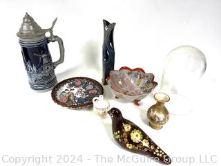 Group of Decorative Collectibles Including German Porcelain Stein, Asian Pottery and Modern Vase