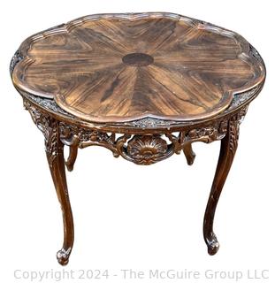 Pierce Carved Wood Coffee Table with Marquetry Top.  24" D x 20"T
