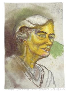 Unframed Impressionist Pastel Portrait of Woman with Green Background.  9" x 14"