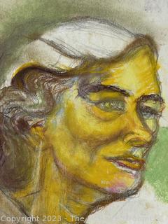 Unframed Impressionist Pastel Portrait of Woman with Green Background.  9" x 14"