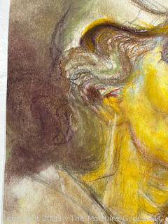 Unframed Impressionist Pastel Portrait of Woman with Green Background.  9" x 14"